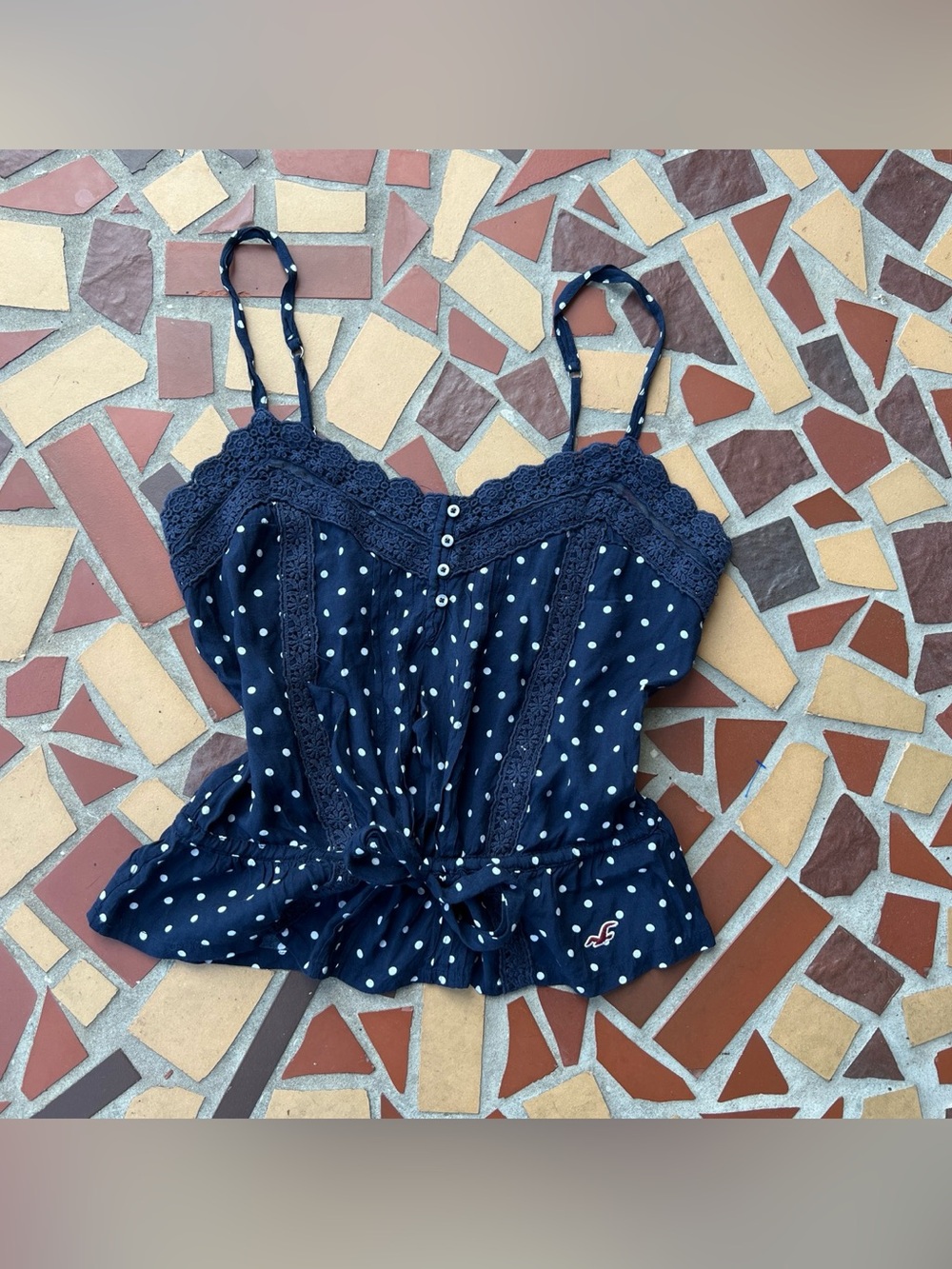 Vintage Y2K Hollister Navy Blue Polka Dot Lace-Trim Camisole